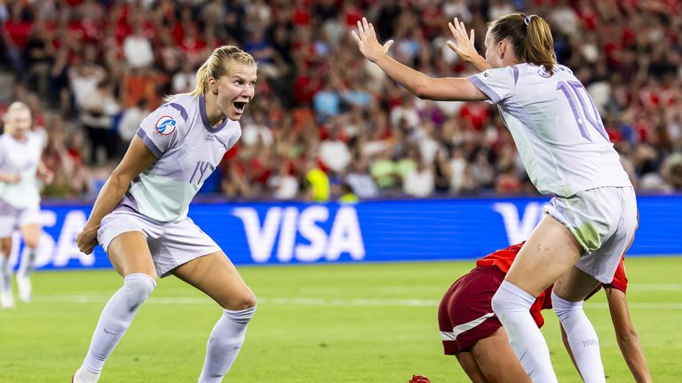 Norway's Ada Hegerberg, left, and Caroline Graham Hansen, right, celebrate an own goal by Switzerland
