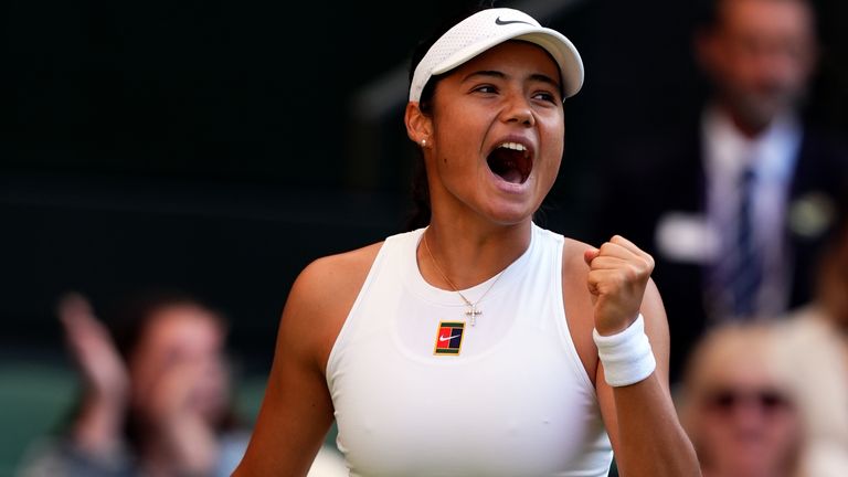Emma Raducanu reacts during her match against Marketa Vondrousova on day three of the 2025 Wimbledon Championships at the All England Lawn T