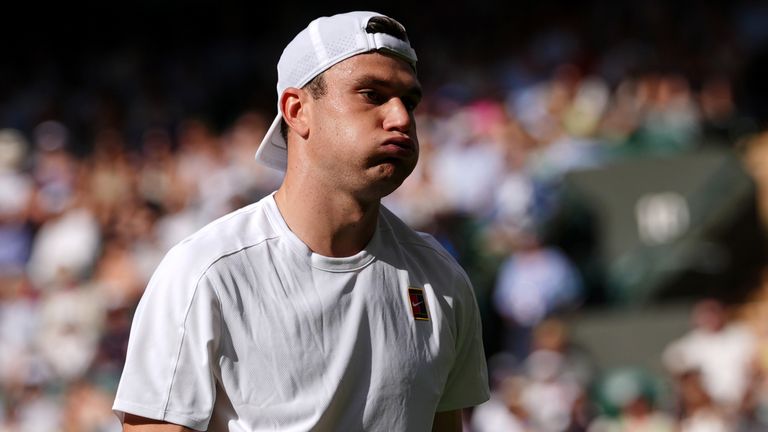 Jack Draper reacts against Marin Cilic on day four of the 2025 Wimbledon Championships at the All England Lawn Tennis and Croquet Club, Lond