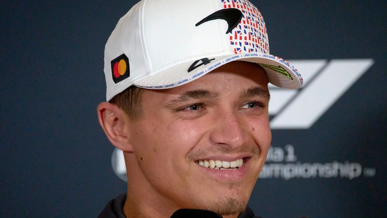 McLaren driver Lando Norris of Britain smiles during a news conference at the Silverstone racetrack, ahead of the British Formula One Grand Prix, in Silverstone, England, Thursday, July 3, 2025. (AP Photo/Darko Bandic)