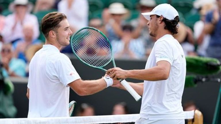 Luciano Darderi (right) celebrates winning his match against Arthur Fery on day four of the 2025 Wimbledon Championships at the All England 