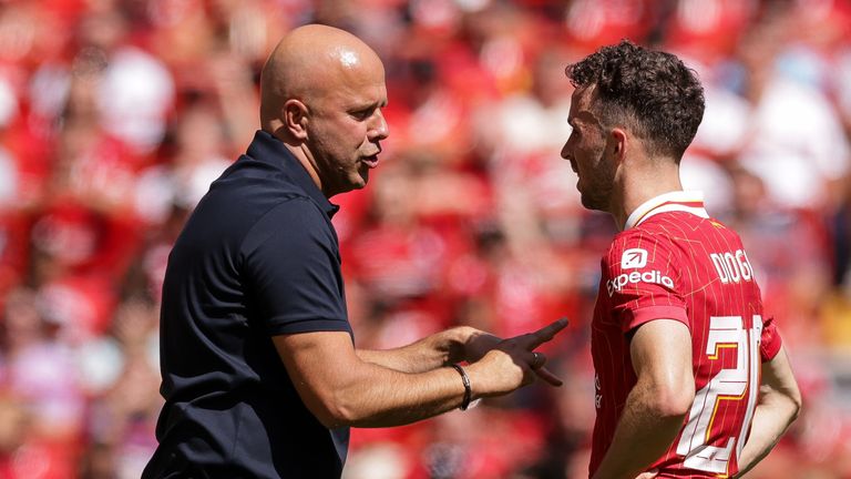 Liverpool head coach Arne Slot speaks with Diogo Jota