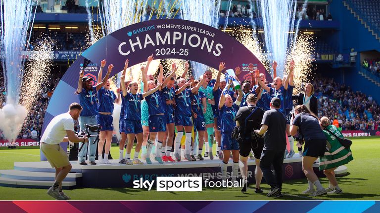 Chelsea�s Millie Bright lifts the Barclays Women's Super League trophy with team mates during the Barclays Women's Super League match at Stamford Bridge, London. Picture date: Saturday May 10, 2025.
